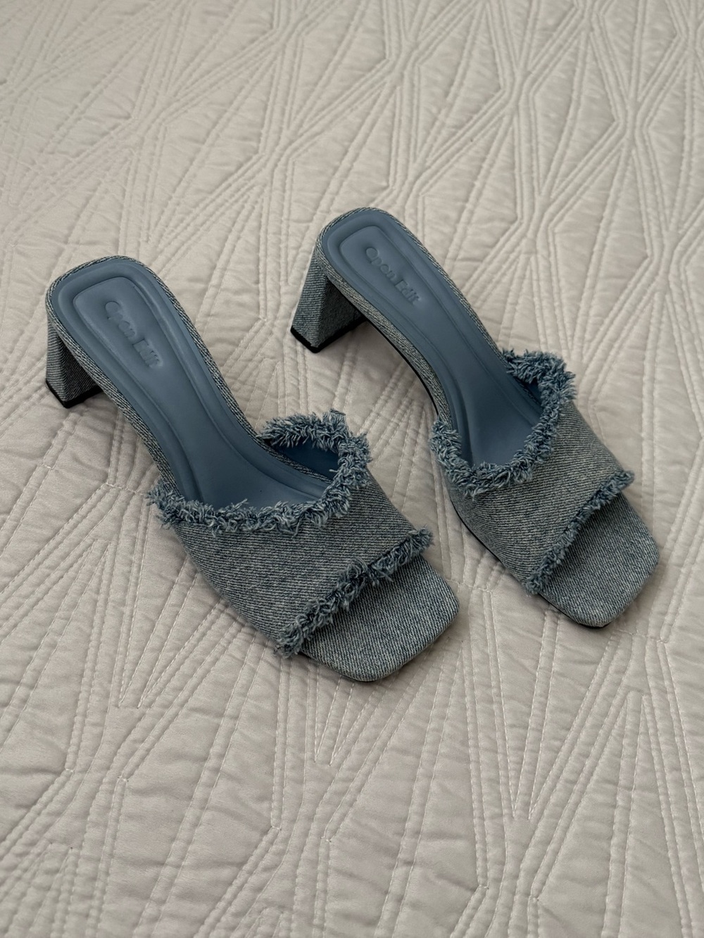 Open Edit Frayed Denim Block Heel Mules - Blue